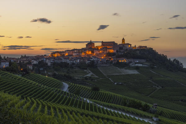 La Morra illuminated at sunset, Cuneo, Langhe e Roero, Piedmont, Italy, Southern Europe