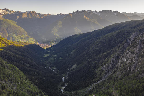 Elevated view of Vezza D’Oglio and mountains at sunrise, Edolo, Val Paghera, Adamello park, Brescia, Lombardy, Italy, Southern Europe