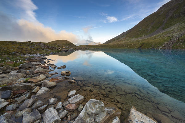 View of Vago lake during summer morning, Livigno, Lombardy, Italy, Southern Europe