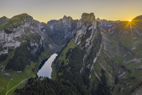 Aerial view of Falensee at sunset, Wasserauen, Canton Appenzell Innerrhoden, Alpstein, Schwende, Switzerland, Western Europe