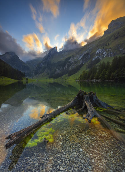 Seealpsee at sunset, Wasserauen, Canton Appenzell Innerrhoden, Alpstein, Schwende, Switzerland, Western Europe
