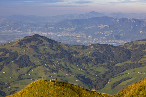 A family observes panorama near Schafler ridge at sunset during summer, Wasserauen, Canton Appenzell Innerrhoden, Alpstein, Schwende, Switzerland, Western Europe