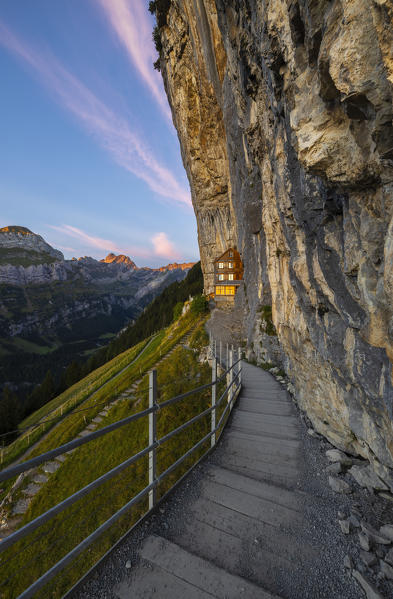 Äescher, Berggasthaus at sunrise during summer, Wasserauen, Ebenalp, Canton Appenzell Innerrhoden, Alpstein, Schwende, Switzerland, Western Europe