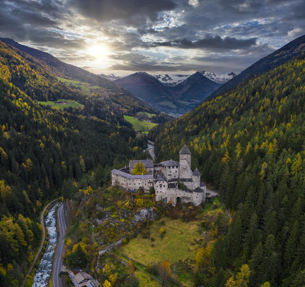 Castle Taufers at sunset during autumn, Campo Tures, Valle Aurina, Bozen, Trentino Alto Adige, Sudtirol, Italy, Southern Europe