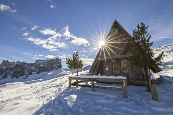 San Giovanni Gualberto's church at sunrise during winter, Giau Pass, Belluno, Veneto, Italy, Southern Europe