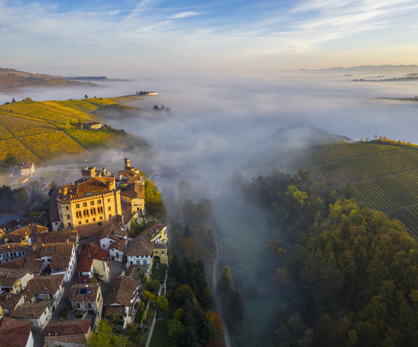 Aerial view of Falletti Castle and Barolo at sunrise during autumn, Cuneo, Langhe e Roero, Piedmont, Italy, Southern Europe
