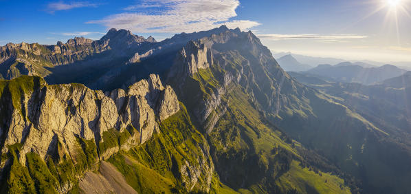 Panoramic aerial view of Schafler ridge at sunset during summer, Wasserauen, Canton Appenzell Innerrhoden, Alpstein, Schwende, Switzerland, Western Europe