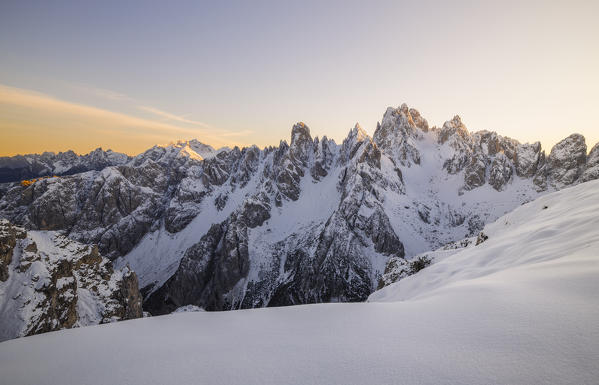 Cadini di Misurina during winter with fresh snow at sunset, Dolomiti di Sesto, Belluno, Veneto, Italy, Southern Europe