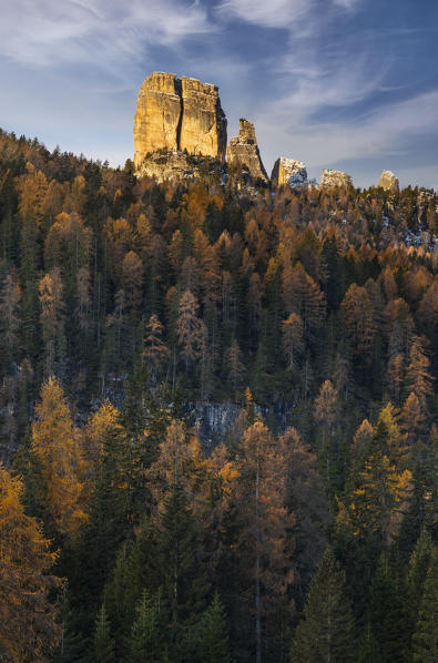 Autumn at Cinque Torri at sunrise, Belluno, Dolomiti Ampezzane, Veneto, Italy, Western Europe