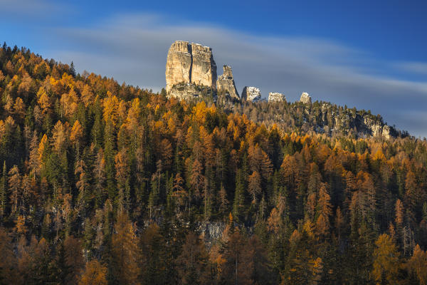 Autumn at Cinque Torri at sunrise, Belluno, Dolomiti Ampezzane, Veneto, Italy, Western Europe