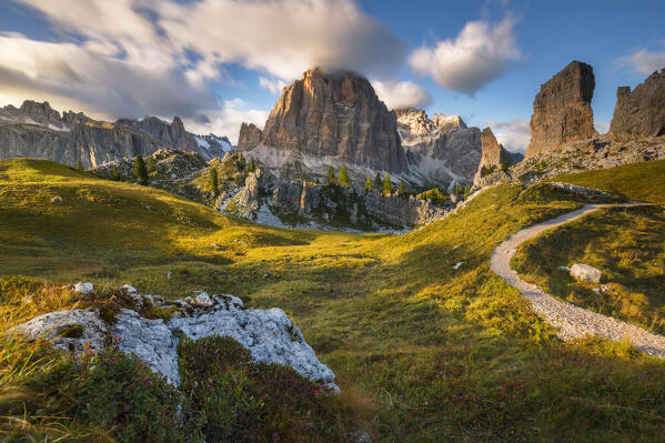 Sunset at Cinque Torri with the view of Tofane group, Belluno, Dolomiti Ampezzane, Veneto, Italy, Western Europe