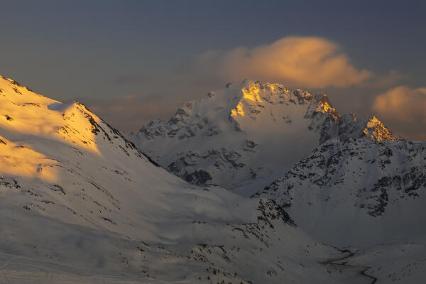 Sunset over Cima de' Piazzi from Crap de la Parè during winter, Sondrio, Valtellina, Lombardy, Italy, Southern Europe