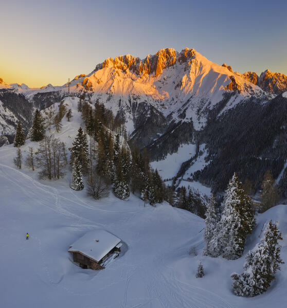 Aerial view of Presolana mountain at sunrise during winter from Monte Scanapà, Castione della Presolana, Bergamo, Lombardy, Italy, Southern Europe (MR)