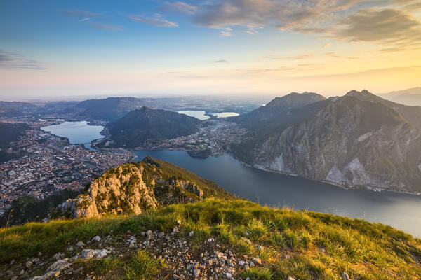 A view of Lecco and Como Lake from Coltignone mountain during sunset, Piani Resinelli, Monte Coltignone, Lecco, Lombardy, Italy, southern Europe