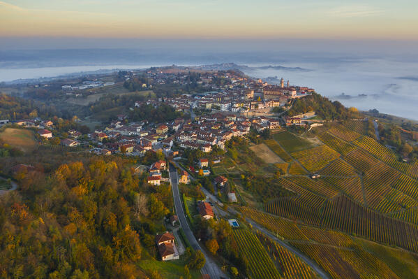 Aerial view of La Morra at sunrise, Cuneo, Langhe e Roero, Piedmont, Italy, Southern Europe