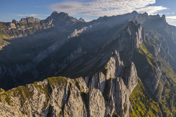Panoramic aerial view of Schafler ridge at sunset during summer, Wasserauen, Canton Appenzell Innerrhoden, Alpstein, Schwende, Switzerland, Western Europe