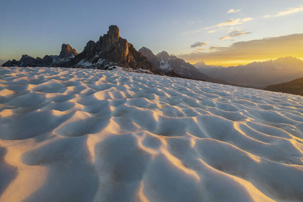 Passo Giau at sunrise with snow, Belluno, San Vito di Cadore, Ampezzo Dolomites, Veneto, Italy, Western Europe
