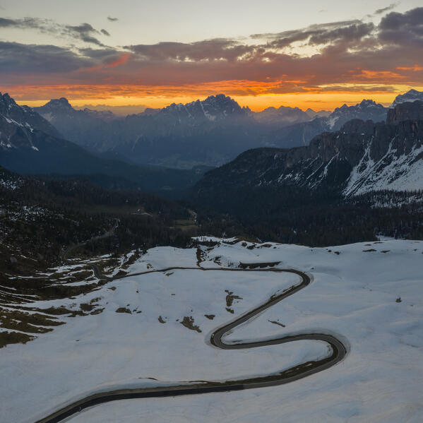 Aerial view from Passo Giau at sunrise, Belluno, San Vito di Cadore, Ampezzo Dolomites, Veneto, Italy, Western Europe