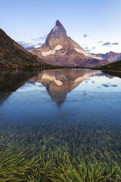Matterhorn reflected in the Rifflesee lake at sunrise during summer, Zermatt, Canton of Valais, Visp, Switzerland, Western Europe