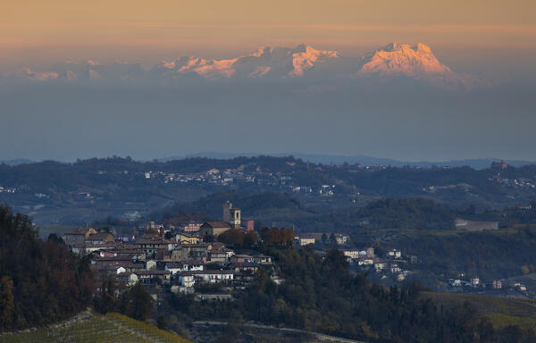 Verduno and Monte Rosa at sunrise during autumn, Cuneo, Langhe and Roero, Piedmont, Italy, Southern Europe