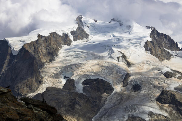 A view of Dufourspitze from Gornergrat during summer, Zermatt, Canton of Valais, Visp, Switzerland, Western Europe