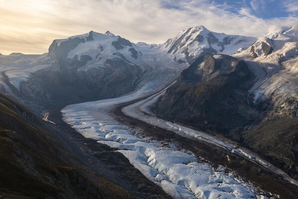 Aerial view of Gornergrat glacier during summer, Zermatt, Canton of Valais, Visp, Switzerland, Western Europe