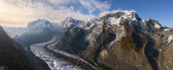Aerial and panoramic view of Gornergrat glacier during summer, Zermatt, Canton of Valais, Visp, Switzerland, Western Europe