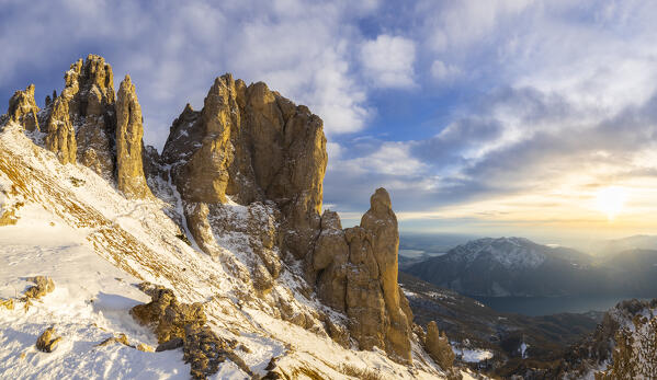 A view of Torrione del Cinquantenario from Rifugio Rosalba at sunset during winter, Colle Pertusio, Mandello del Lario, Lecco, Lombardy, Italy, Southern Europe