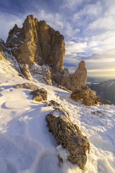 A view of Torrione del Cinquantenario from Rifugio Rosalba at sunset during winter, Colle Pertusio, Mandello del Lario, Lecco, Lombardy, Italy, Southern Europe