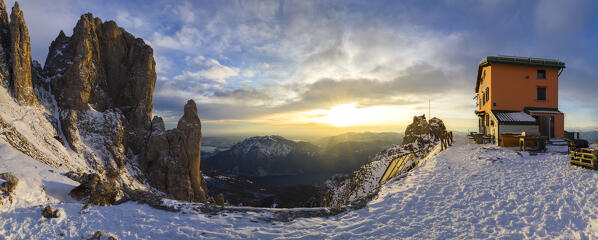 Panoramic view of Torrione del Cinquantenario and Rifugio Rosalba at sunset during winter, Colle Pertusio, Mandello del Lario, Lecco, Lombardy, Italy, Southern Europe