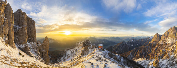 Panoramic view of Lecco lake and Rifugio Rosalba at sunset during winter, Colle Pertusio, Mandello del Lario, Lecco, Lombardy, Italy, Southern Europe
