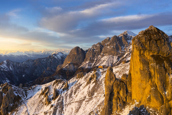 Aerial view of Rifugio Rosalba and Grigna at sunset during winter, Colle Pertusio, Mandello del Lario, Lecco, Lombardy, Italy, Southern Europe