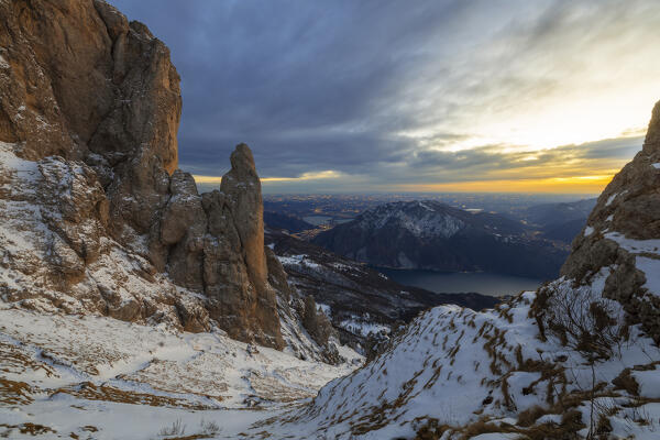 Torrione del Cinquantenario after sunset during winter, Colle Pertusio, Mandello del Lario, Lecco, Lombardy Italy, Southern Europe