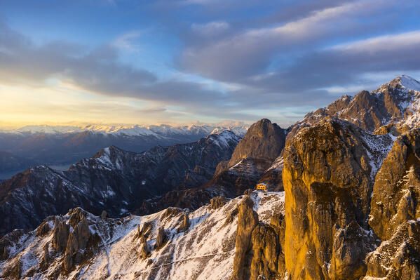 Aerial view of Rifugio Rosalba and Grigna at sunset during winter, Colle Pertusio, Mandello del Lario, Lecco, Lombardy, Italy, Southern Europe