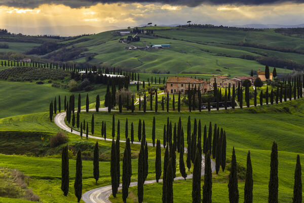 Podere Baccoleno at sunset, Asciano, Siena, Tuscany, Italy, Southern Europe