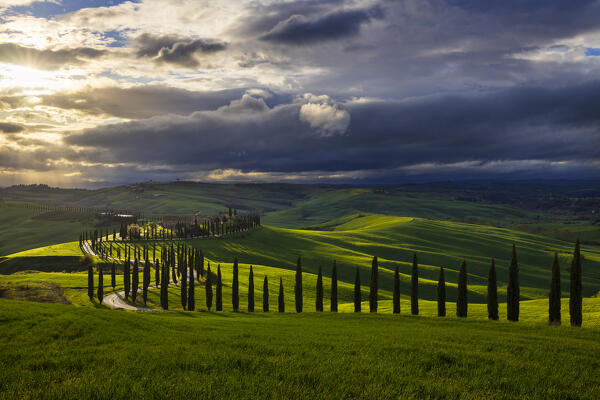 Podere Baccoleno at sunset, Asciano, Siena, Tuscany, Italy, Southern Europe