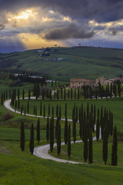 Podere Baccoleno at sunset, Asciano, Siena, Tuscany, Italy, Southern Europe