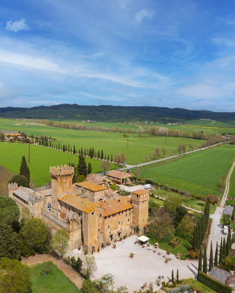 Aerial view of Spedaletto Castle, Peinza, Siena, Tuscany, Italy, Southern Europe 