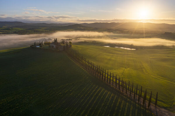 Aerial view of Poggio Covili at sunrise Castiglion d'Orcia, Siena, Tuscany, Italy, Southern Europe