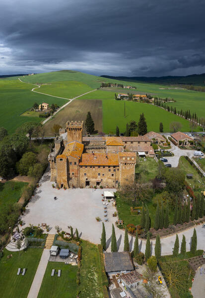 Aerial view of Spedaletto Castle, Peinza, Siena, Tuscany, Italy, Southern Europe 
