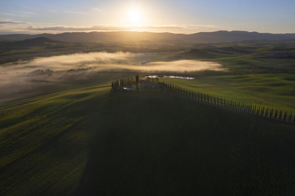 Aerial view of Poggio Covili at sunrise Castiglion d'Orcia, Siena, Tuscany, Italy, Southern Europe