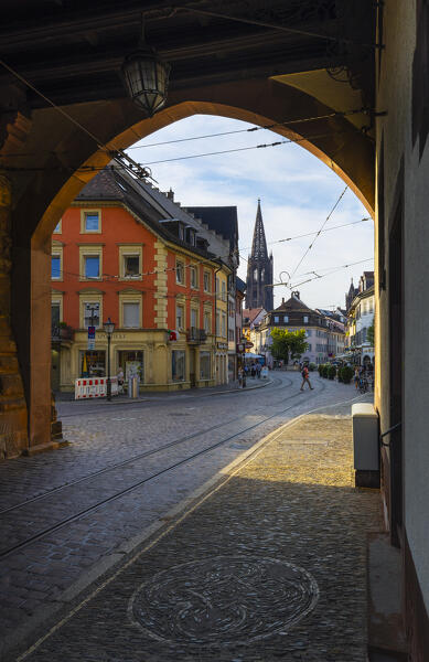 Freiburg im Breisgau with the view of its gothic cathedral from Schwabentor, Baden Wurttemberg, Germany, Deutschland, Western europe