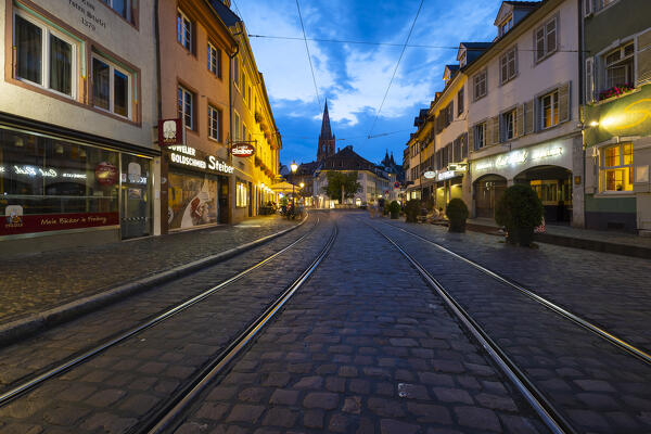 Illuminated Freiburg im Breisgau with the view of its gothic cathedral, Baden Wurttemberg, Germany, Deutschland, Western europe