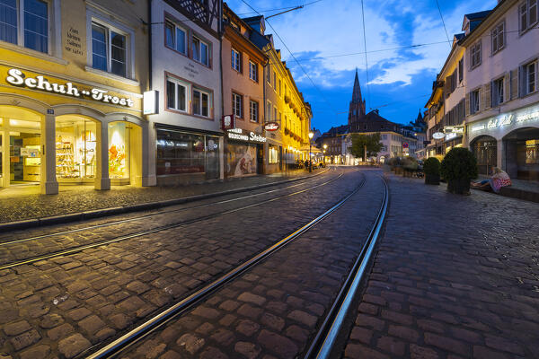 Illuminated Freiburg im Breisgau with the view of its gothic cathedral, Baden Wurttemberg, Germany, Deutschland, Western europe