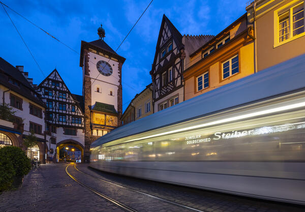 Illuminated Freiburg im Breisgau and its Schwabentor, Baden Wurttemberg, Germany, Deutschland, Western europe
