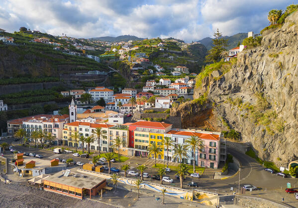 Aerial view of The town of Ponta do Sol at sunset. Madeira region, Portugal, Europe