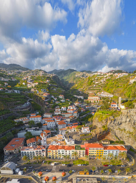 Aerial view of The town of Ponta do Sol at sunset. Madeira region, Portugal, Europe