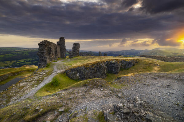 Dinas Bran Castle at sunset during summer, Llangollen, Denbighshire, Wales, Great Britain, United Kingdom