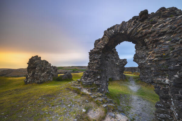 Dinas Bran Castle at sunset during summer, Llangollen, Denbighshire, Wales, Great Britain, United Kingdom