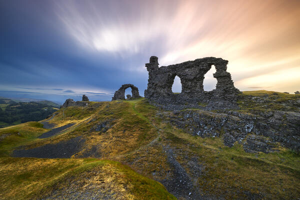 Dinas Bran Castle at sunset during summer, Llangollen, Denbighshire, Wales, Great Britain, United Kingdom